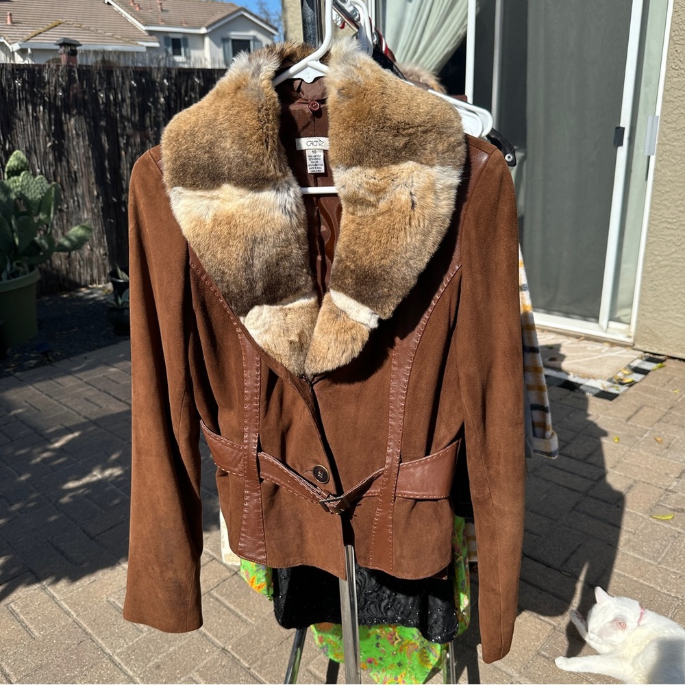 Cache Leather Jacket with Rabbit Fur Detachable Collar